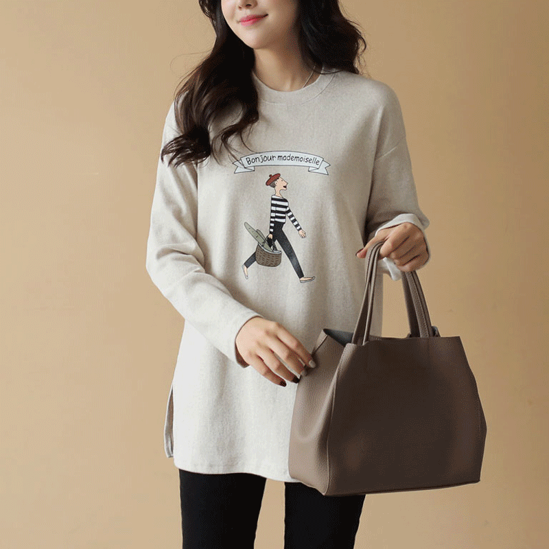 clicknfunny-봉쥬르 피치면티셔츠[FREE(55-66),L(77)]♡韓國女裝上衣
